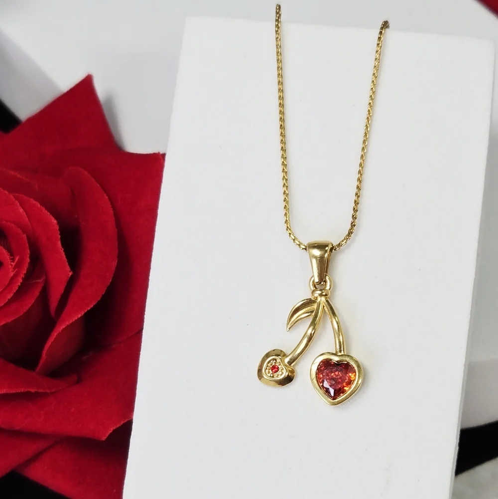 Gold Heart Cherry Pendant Necklace Red Rhinestone Fruit Charm Romantic Y2K Glam